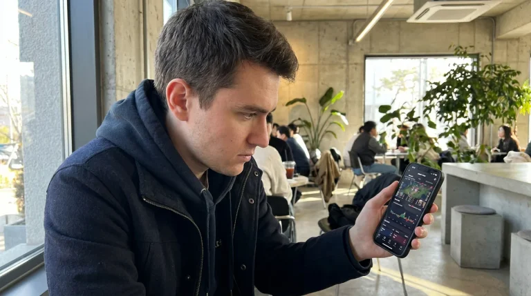 Joven apostador viendo una competición de esports en su smartphone mientras analiza estadísticas