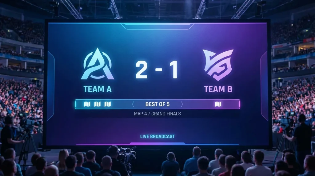 Marcador de una serie al mejor de cinco en League of Legends esports mostrando el recuento de mapas