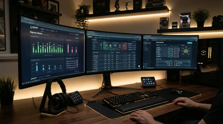 Pantalla de ordenador mostrando herramientas de análisis de estadísticas de League of Legends esports