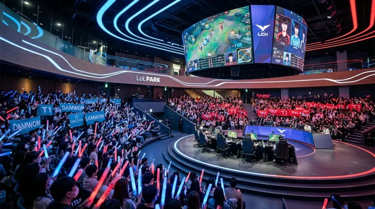 Arena de esports en Corea del Sur durante un partido de la LCK con aficionados animando