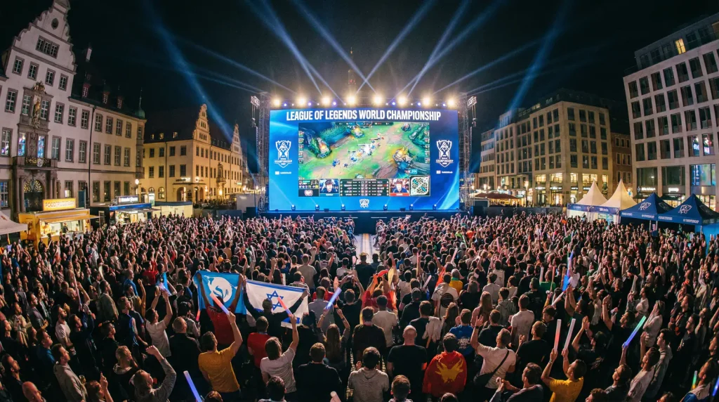 Multitud de aficionados viendo una transmisión de League of Legends esports en una pantalla gigante