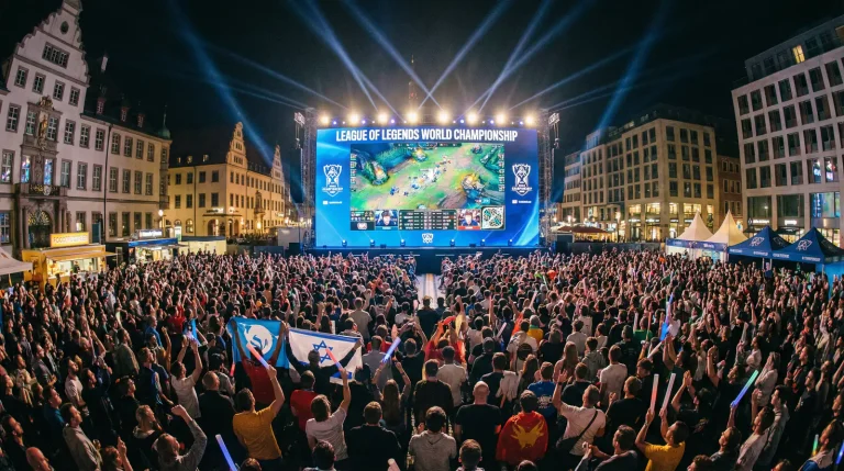 Multitud de aficionados viendo una transmisión de League of Legends esports en una pantalla gigante