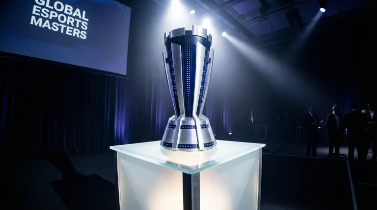 Trofeo del Campeonato Mundial de League of Legends junto a la representación del fondo de premios