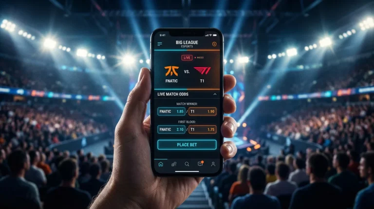Smartphone mostrando una aplicación de apuestas de esports con cuotas de League of Legends en pantalla