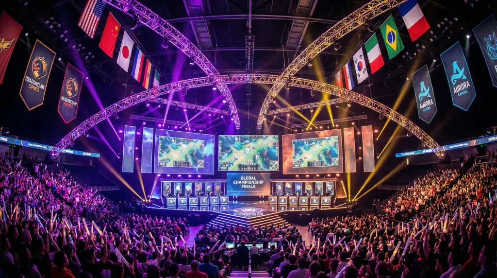 Escenario del Mid-Season Invitational con equipos de diferentes regiones compitiendo en League of Legends
