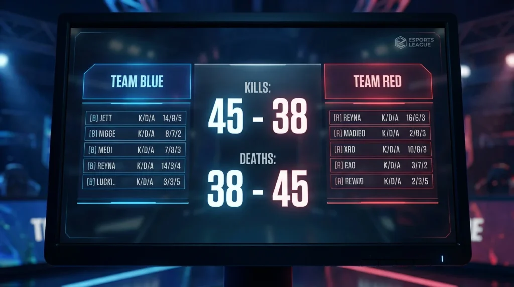 Marcador de un partido de League of Legends mostrando el recuento total de eliminaciones entre ambos equipos