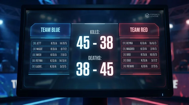 Marcador de un partido de League of Legends mostrando el recuento total de eliminaciones entre ambos equipos