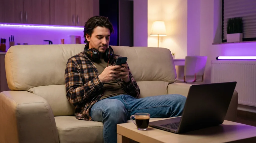 Joven apostador analizando cuotas de League of Legends en dispositivo móvil