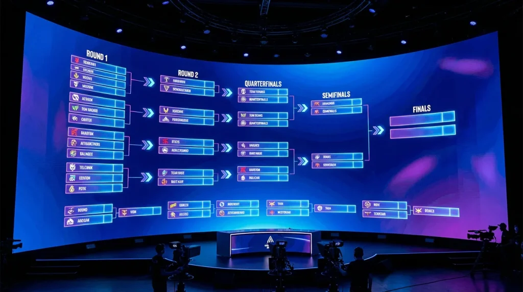 Diagrama del formato Swiss Stage mostrando la progresión de equipos en un torneo de League of Legends