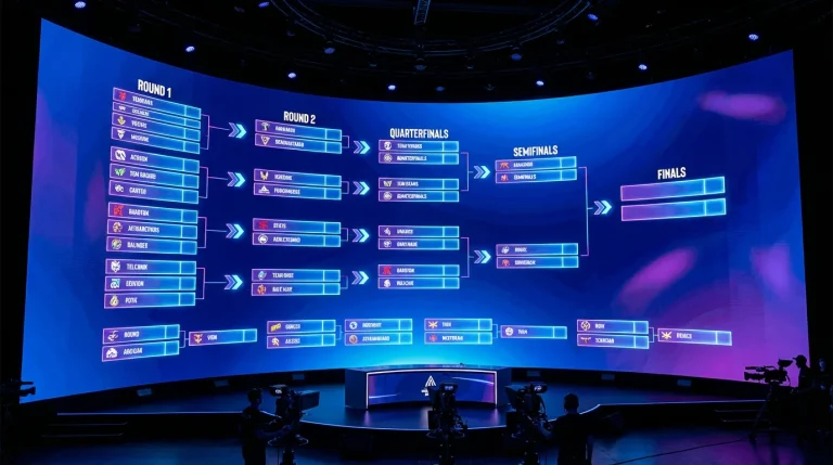 Diagrama del formato Swiss Stage mostrando la progresión de equipos en un torneo de League of Legends