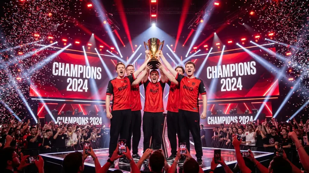 Equipo T1 de League of Legends celebrando una victoria en un campeonato internacional