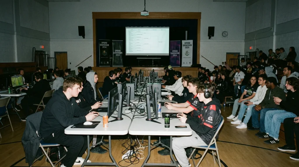 Competición de League of Legends de nivel amateur con jugadores jóvenes compitiendo en una liga de desarrollo