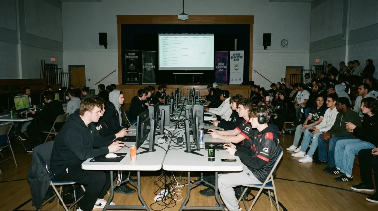 Competición de League of Legends de nivel amateur con jugadores jóvenes compitiendo en una liga de desarrollo