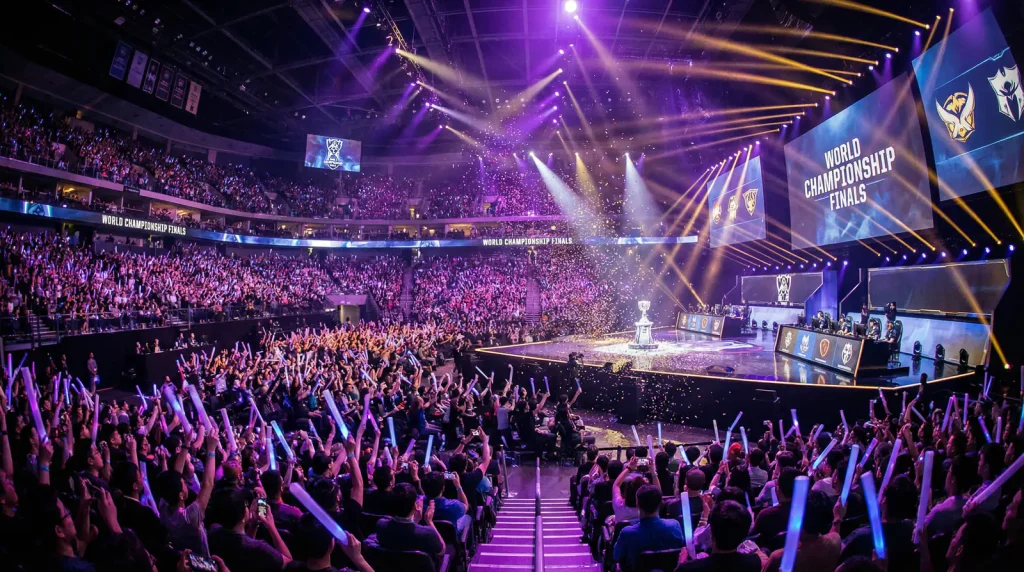 Estadio de campeonato mundial de League of Legends con público en vivo